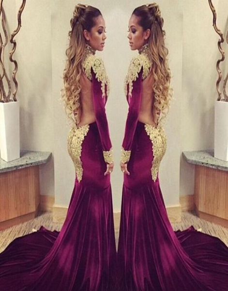 

mermaid prom dresses long sleeves high neck gold lace appliques velvet party dresses evening wear open back plus size5371530, Black
