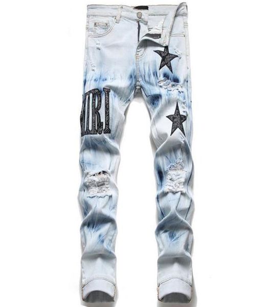 

men jeans ripped holes motorcycle biker denim pants man fashion designer hip hop jean3785060, Blue