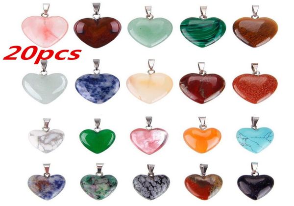 

20pcslots natural gem stone love heart pendant natural crystal stone heart shaped for necklace reiki healing women pendants9033727, Silver