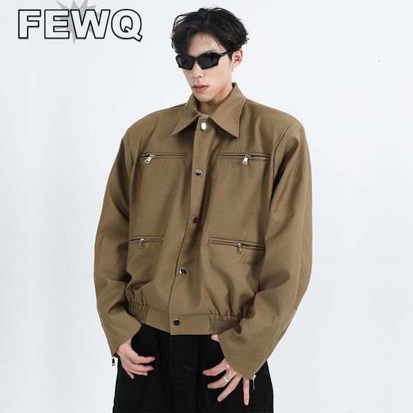 

mens jackets fewq high street niche design male shoulder pad metal zipper spliced coats solid color autumn stylish 24b3205 230810, Black;brown