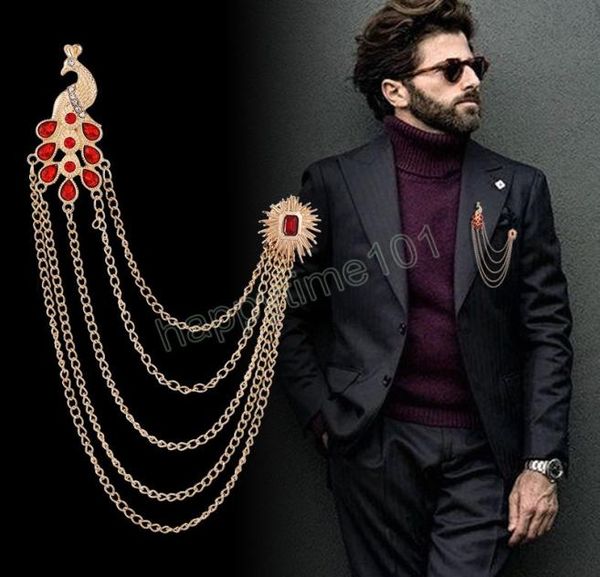 

retro brooch pin for men suit peacock tassel collar pins with chain shirt crystal corsage luxury jewelry accessories7539812, Gray