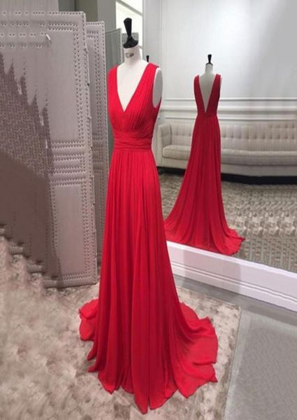 

simple 2019 red long evening dresses sleeveless double v neck chiffon formal evening party dress custom made prom gowns51682193366356, Black;red