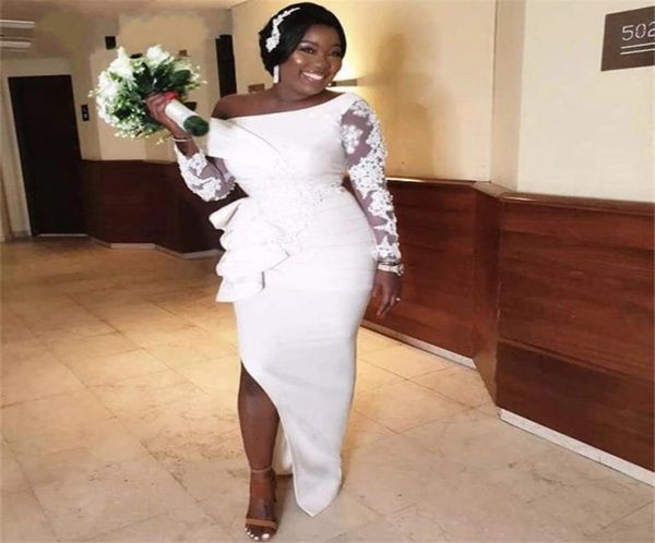 

chic lace mermaid wedding dresses african one shoulder sheer long sleeve with split long bridal gowns reception occasion wear2653126, White