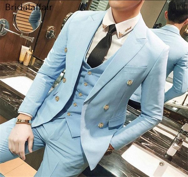 

gwenhwyfar latest coat pant designs sky blue men suit set slim fit 3pcs formal tuxedo groom wedding suits custom prom terno mascul4046646, Black;gray