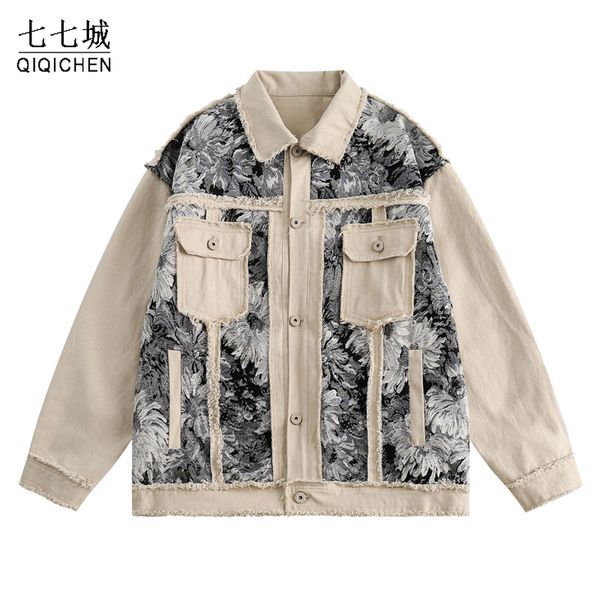 

mens jackets autumn varsity jacket men cotton floral print patchwork turndown collar japanese harajuku loose coat streetwear 230810, Black;brown