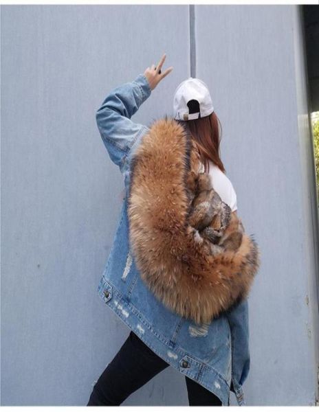 

ins fasion holes jeans jacket for ladies real rabbit furs liner detachable and large raccoon fur collar15462323241035, Black