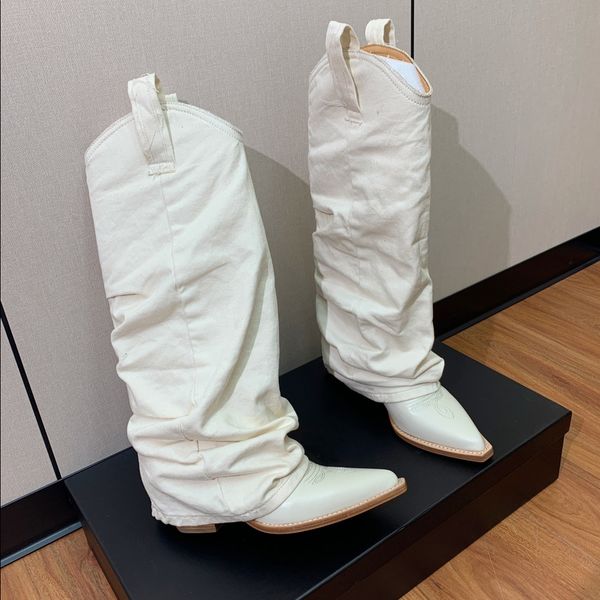 

2023 luxury designer women chunky cowboy winter boots fashion leather denim sleeve denim mid length boots pleated leg high over the knee cow, Black