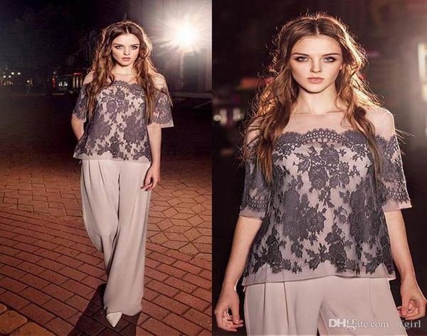 

stylish lace mother of the bride pant suits with half sleeves bateau neck wedding guest dress chiffon plus size mothers groom dres2881780, Black;red