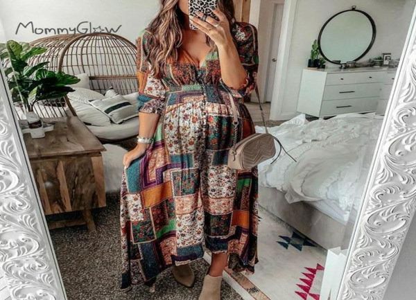 

maternity maxi dress bohemian style pregnancy clothes printing folding plicing long elegant dress for pregnant women plus size8811849, White
