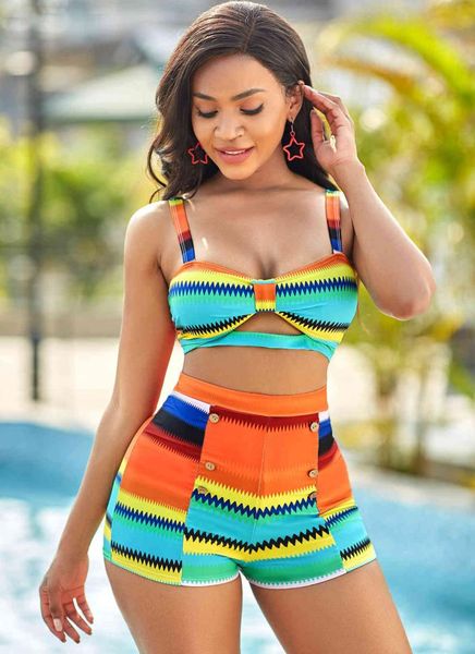 

swimwears split print bikini boxer high waisted swimsuit2042988, White;black