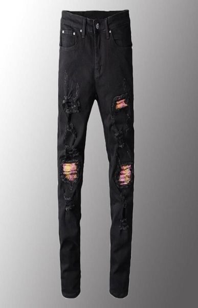

men039s jeans men luxury pink bandanna patchwork biker black stretch denim holes ripped skinny pants plus size 408673248, Blue