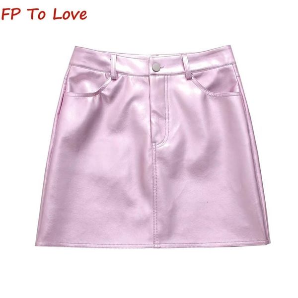 

skirts y2k pink purple pu mini metallic faux leather streetwear dropped wasit chic party a line pb za woman outfit 230809, Black