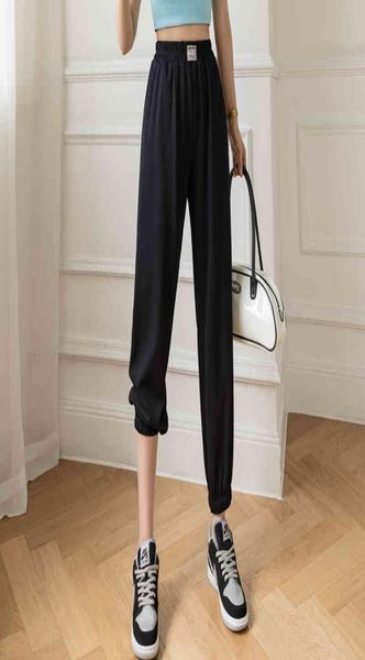 

slacks women039s loose summer pants soft ice silk women high waisted trousers thin knitted pants woman 2105128177125, Black;white