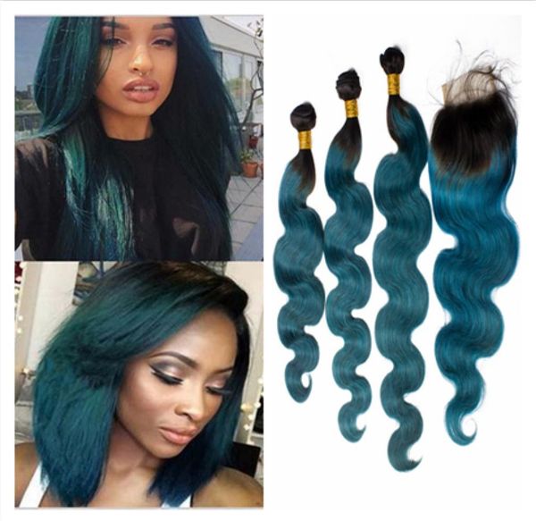 

dark roots dark green ombre virgin brazilian human hair with closure 4pcs lot body wave 1bgreen ombre 4x4 lace closure with 3bund4308068, Black