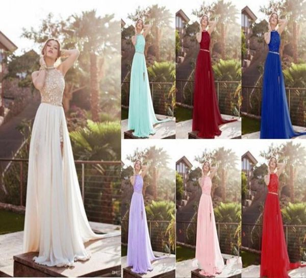 

2018 halter lace bodice aline prom dresses sleeveless backless eight colors beading split party evening gowns in stock64079479, Black