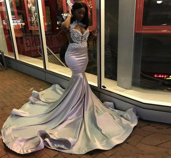 

south african ruffles mermaid prom dresses 2k19 lace and satin silver evening gowns sweep train cocktail party dress custom made 21538968, Black
