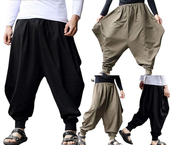 

japanese casual cotton linen trouser male harem pant men ankle banded jogger pant chinese traditional clothe5447487, Black