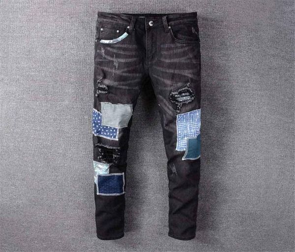 

21ss classic mens jeans hip hop stylist pants distressed ripped biker slim fit motorcycle denim jean8289533, Blue