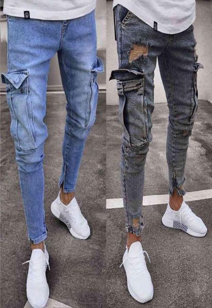 

mens jeans ripped pocket blue solid color denim pants mens slim fashion high street biker jeans male long trousers pencil pants je5470981