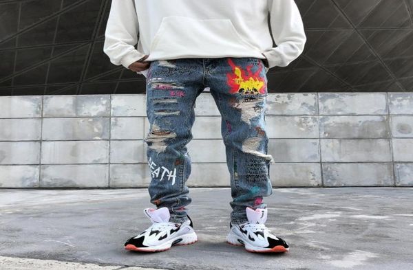 

mens jeans high street graffiti print ripped hole jeans men streetwear stretch straight blue jean pants7694693