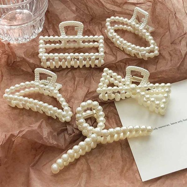 

korean imitation pearl hair claws for women geometric hair clip large catch clip shark clip back head hair clip hair accessories, Slivery;white