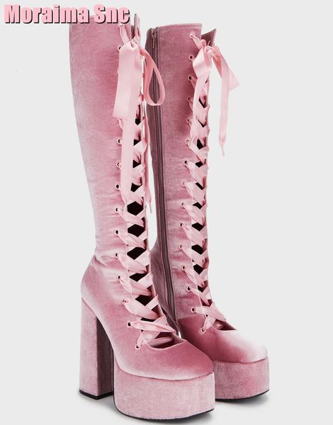 

boots velvet platform lace up thigh high block heel side zipper pink solid women shoes long fashion sweet style 2023 230810, Black