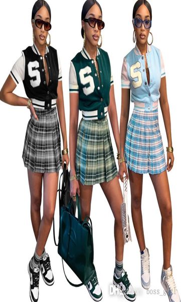 

designer womens embroidered baseball tracksuits 2022 summer plaid printed skirt set fashion two piece sportwear9563956, Gray