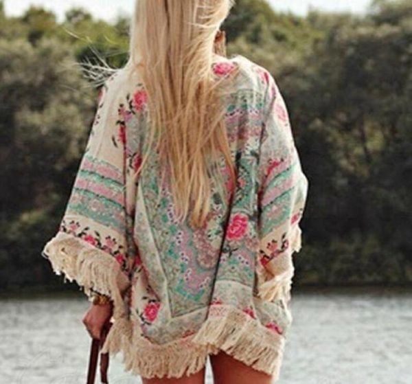 

boho cardigan autumn women 2021 floral kimono blouses tassels beach cover up batwing longsleeved cape jacket long blouse 1060291, White