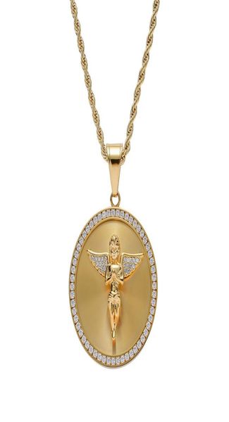 

stainless steel religious hip hop inlay pendant iced out angel wings pendant for women men gold color round necklace with stones2995406, Silver
