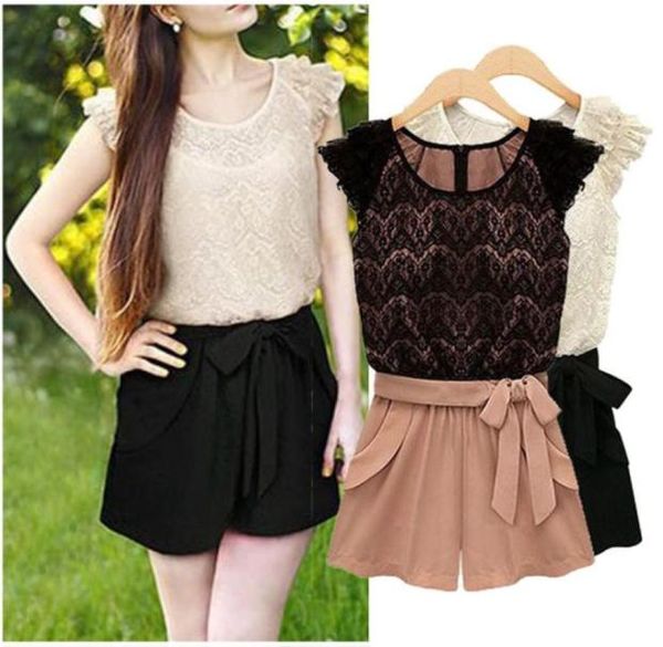 

rompers womens jumpsuit summer short sleeve oneck overalls slim lace bodysuit with belt women shirts casual jumpsuits e342251228658829236, Black;white