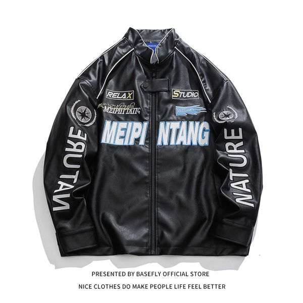 

mens jackets spring autumn pu leather motorcycle letter embroid racing women baseball bomber jacket men high street coat couple casual 23081, Black;brown