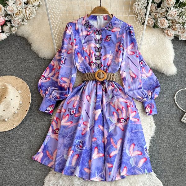 

luxury and elegant charm lantern long sleeved standing neck waist slim a-line butterfly positioned print dress, Black;gray