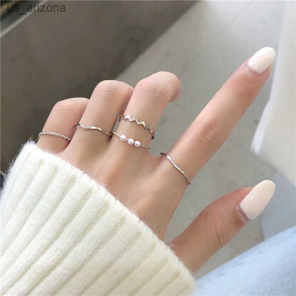 

5pcs/set women rings set new boho style wave shape rings gold color metal open rings imitation pearls fingers accessories l230620, Silver