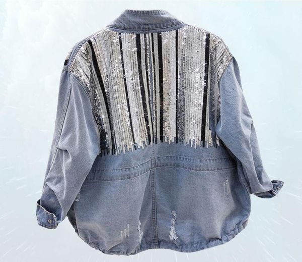 

fashion spring standing coat 2019 sequins splice bomber denim jacket women collar vintage hole drawstring jeans jacket female 814362133, Black;brown