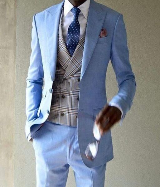 

brand new light blue men 3 piece suit wedding tuxedos groom tuxedos peak lapel two button men business prom blazerjacketpantsti1172098, Black;gray