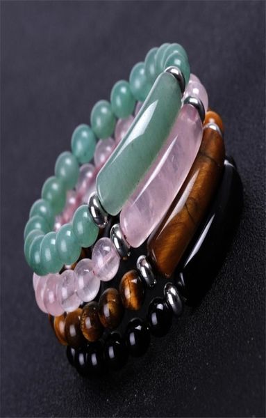 

01 natural stone strand bracelet 8mm reiki healing pink quartz aventurine agates rose crystal rectangle bar charm beaded bracelets2963650, Black