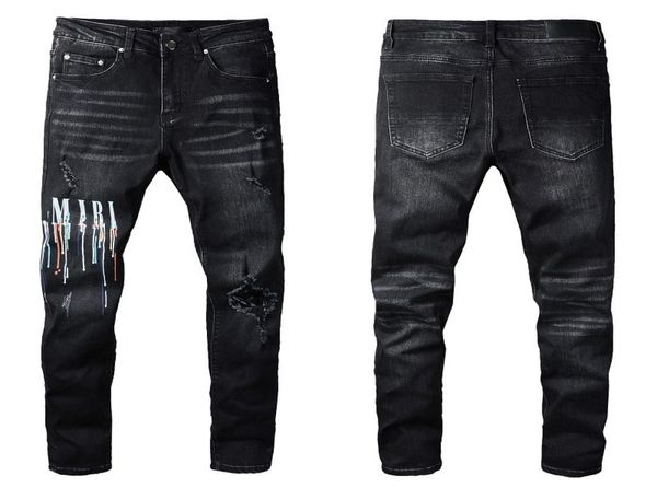 

men039s jeans treet spray paint colorful print letter denim black skinny ripped jeans7145781, Blue