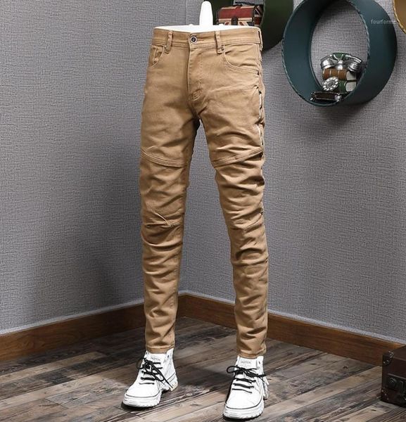 

men039s jeans korean style fashion men khaki elastic slim fit spliced designer casual streetwear hip hop denim pencil pants9253177, Blue