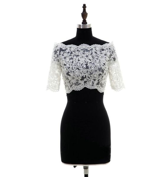 

fashion 2022 lace bridal bolero off the shoulder half sleeves wedding jackets illusion button back wedding accessories wedding bol8592220, White