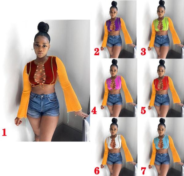 

simenual patchwork lace up color match crop women slit flare long sleeve t shirts fashion club party bodycon tees t200812, White