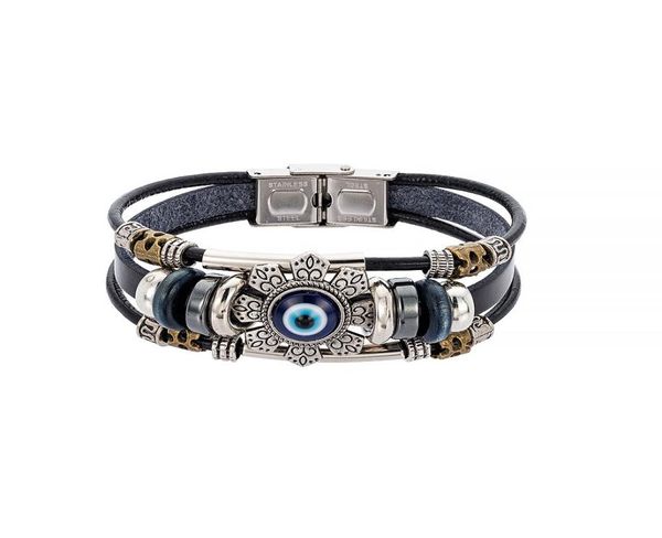 

punk lucky eye turkish evil eye charm bracelets for men women handmade jewelry multilayer black leather bangle female gift1542354, Golden;silver