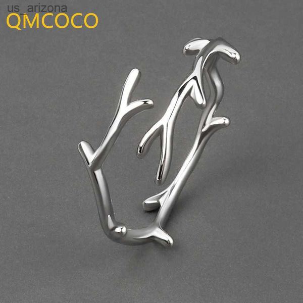 

qmcoco simple branch leaf thin ring silver color open adjustable ring for women girls trendy fashion finger jewelry party gifts l230620
