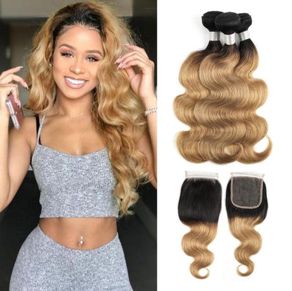 

brazilian ombre blonde body wave hair bundles with closure color 1b27 3 bundles with 4x4 lace closure unprocessed remy human hair 3358449, Black;brown
