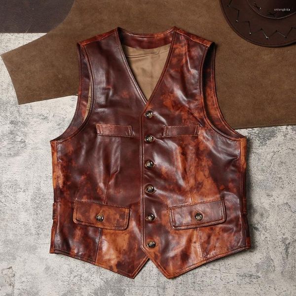 

men's vests asian size quality cow skin waistcoat leather vest, Black;white