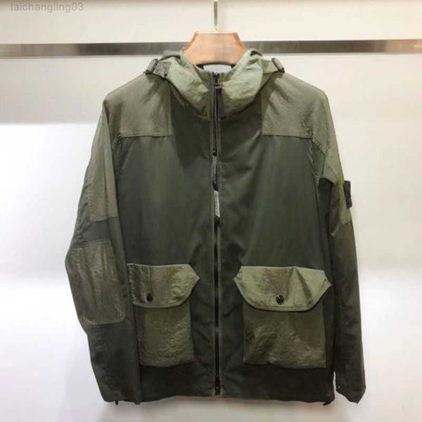 

stone brand jackets functional tooling casual color contrast stitching wild metal nylon zipper hooded windbreaker jacket i6d5, Black;brown