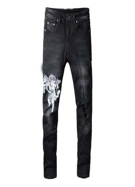

22ss jeans men slim fit angel printed hole black men039s denim pants jean hip hop trousers big size 28407452046, Blue