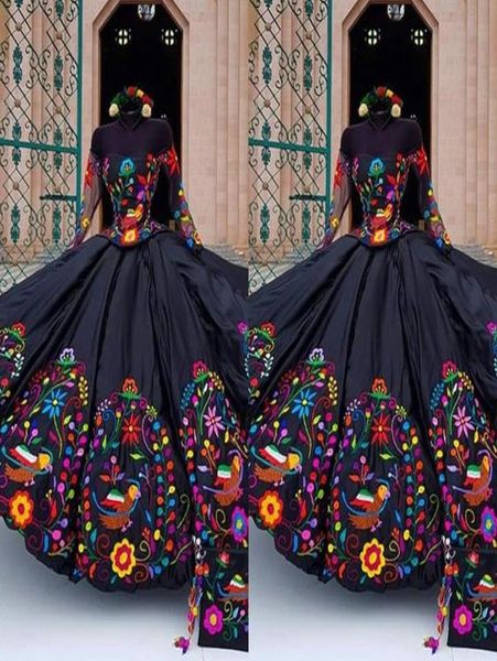 

2023 vintage long sleeves quinceanera dresses mexican style charro off shoulder flowers embroidered satin laceup ball gown prom s3539797, Blue;red