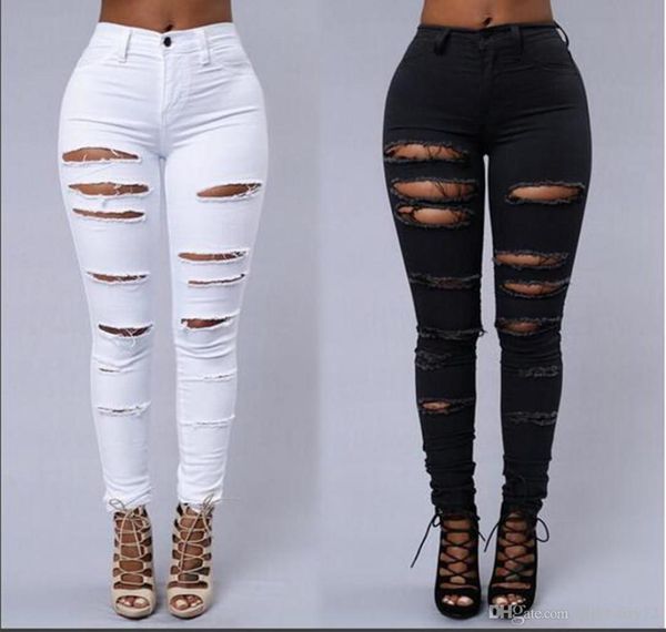 

high street women skinny jeans ripped skin tight jeans fashion black and white pencil denim pants8970120, Blue