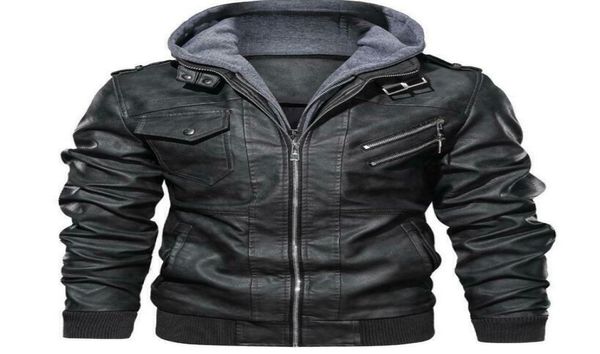 

men denzell outwear anarchist leather jacket hooded motorcycle coat biker style7128483, Black