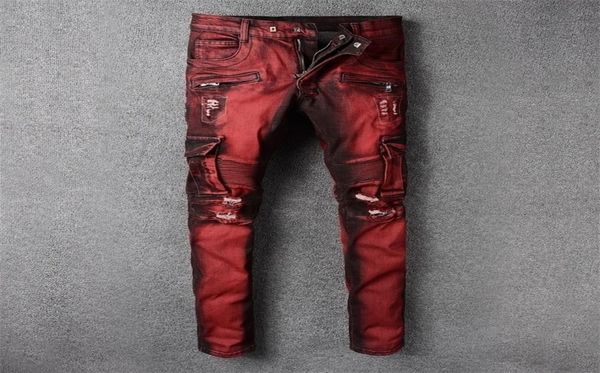 

fashion streetwear men jeans red color slim fit elastic spliced ripped jeans men big pocket denim cargo pants biker jeans homme t24385364, Blue